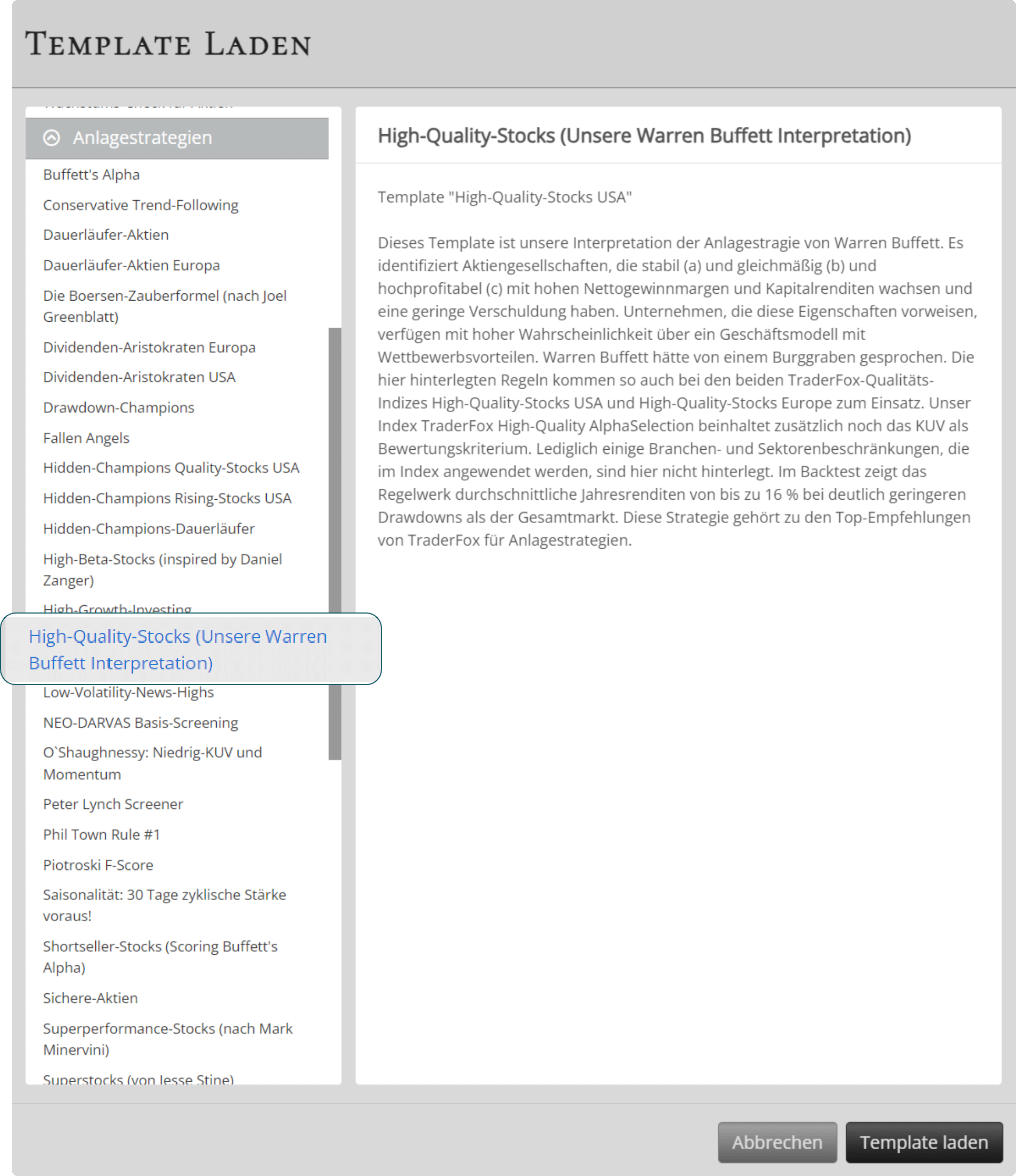 Screenshot des Templates High-Quality-Stocks USA