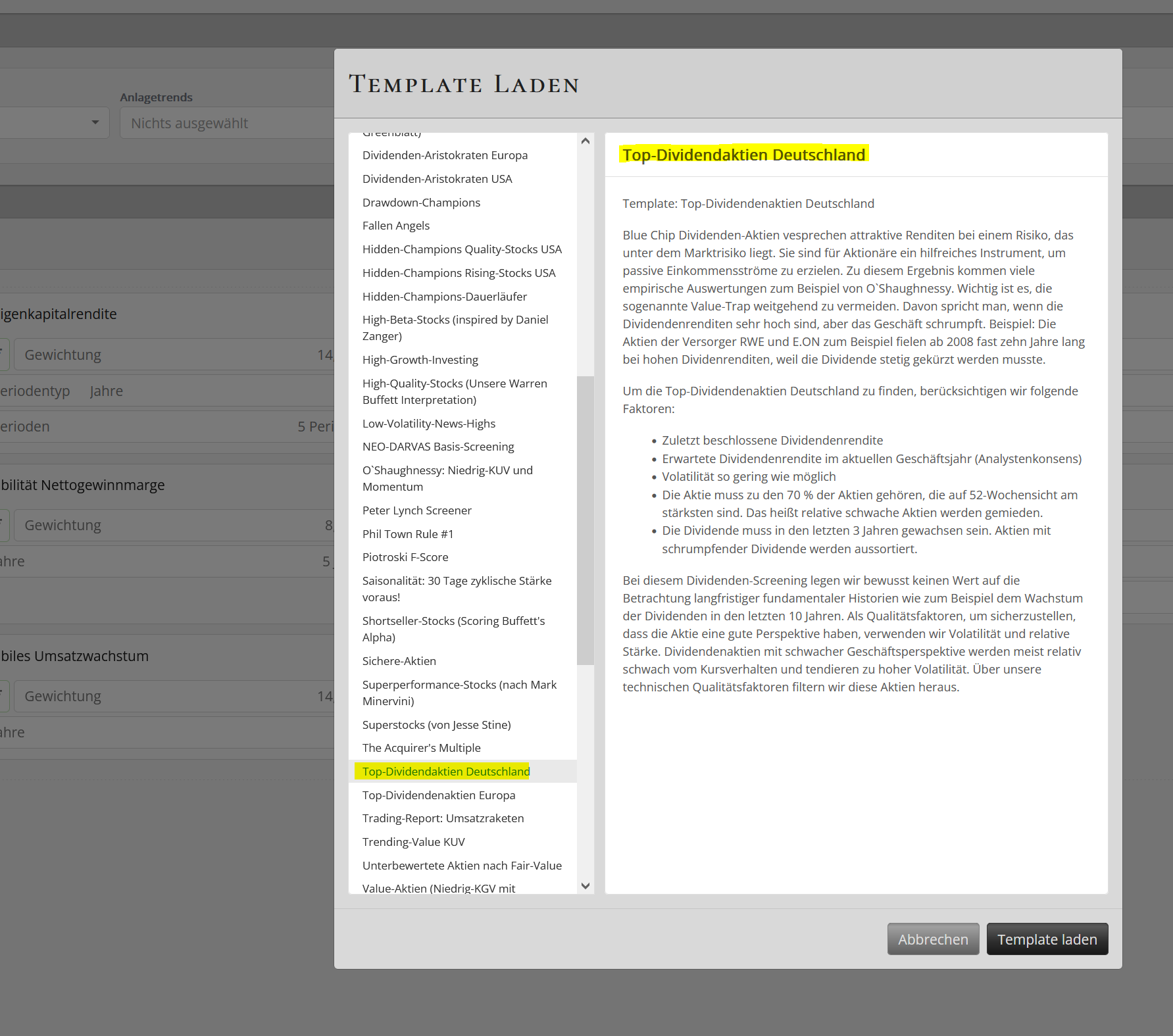 Screenshot des Aktienscreeners mit dem Template Top-Dividendenaktien Deutschland
