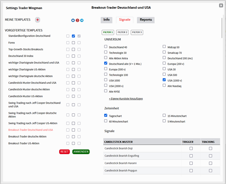 Trader Wingman Template-Auswahl und Konfiguration mit über 60 Chartsignalen und Mustern für Echtzeit-Überwachung von Aktien in USA und Europa