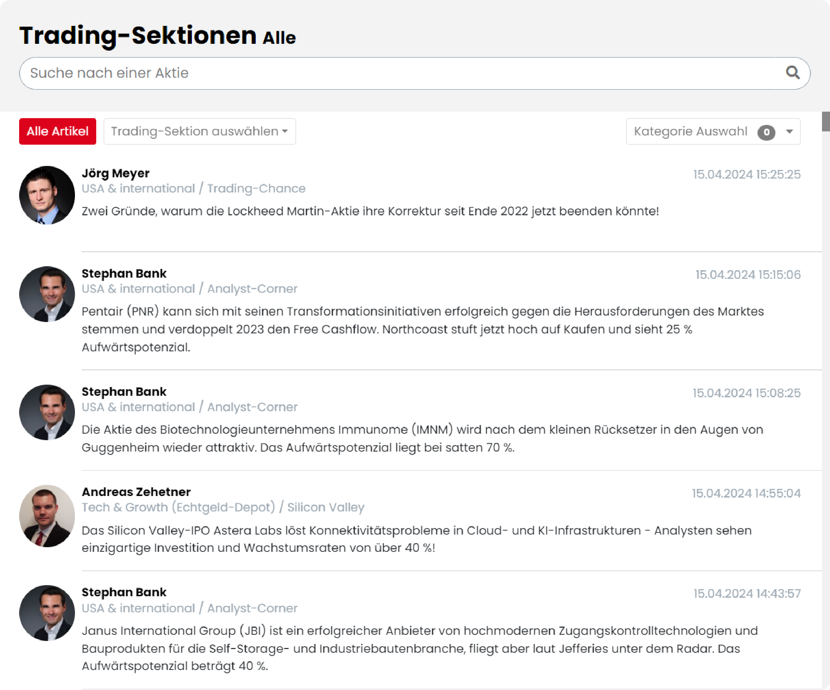 Screenshot der Trading-Sektionen unserer Research-Plattform